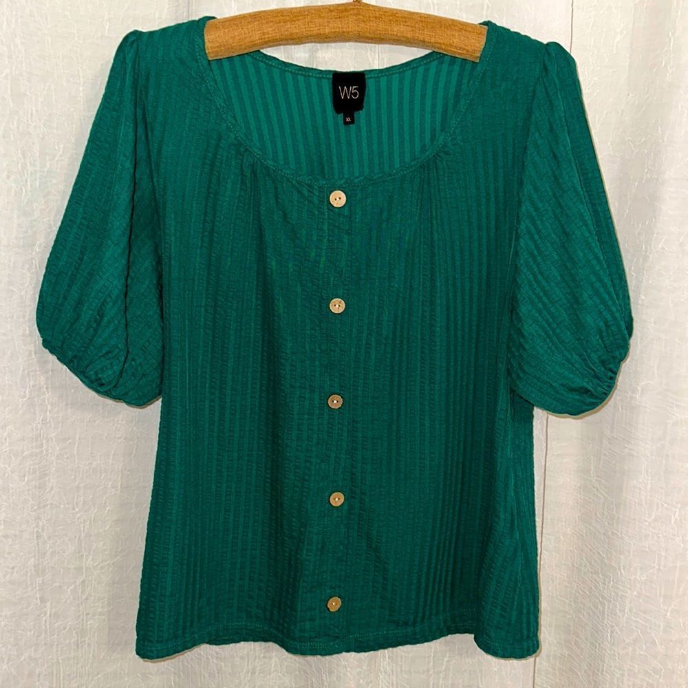 Anthropologie W5 XL Emerald Green Balloon Sleeve Short Sleeve Pullover Blouse